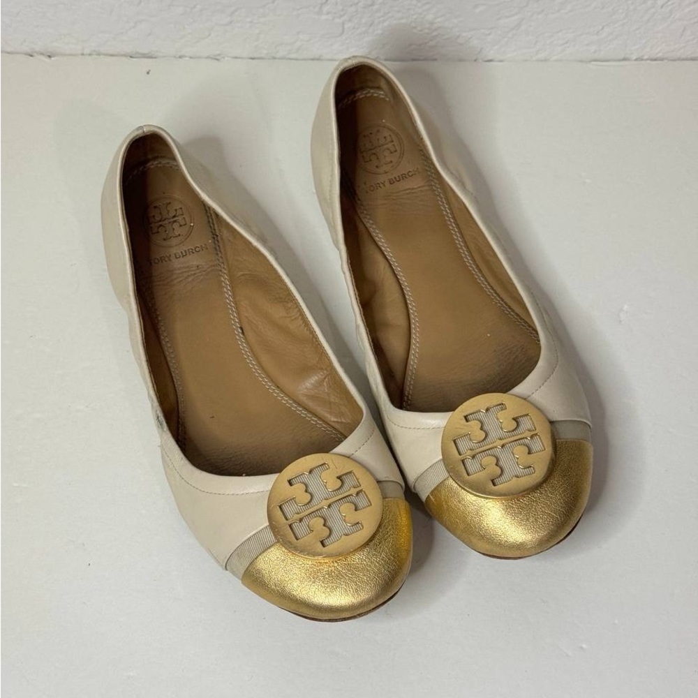 Tory Burch Minnie Womens 8 Cap Toe Logo Beige Gold Ballet Flat Slip On Shoe